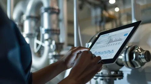 An engineer using a tablet to monitor system performance graphs