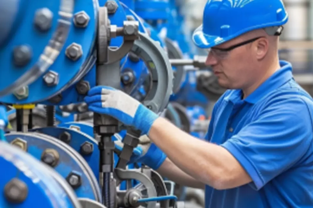 An technician in a hard hat working on large blue industrial valves