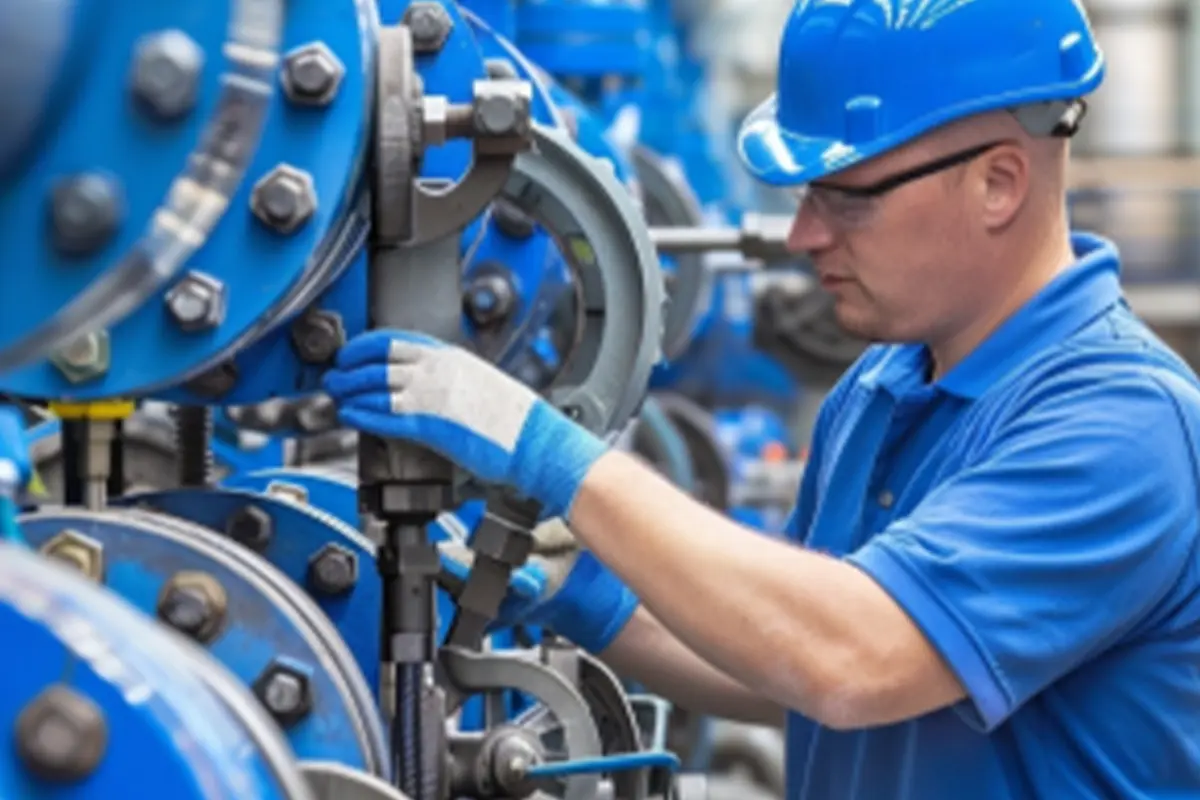An technician in a hard hat working on large blue industrial valves