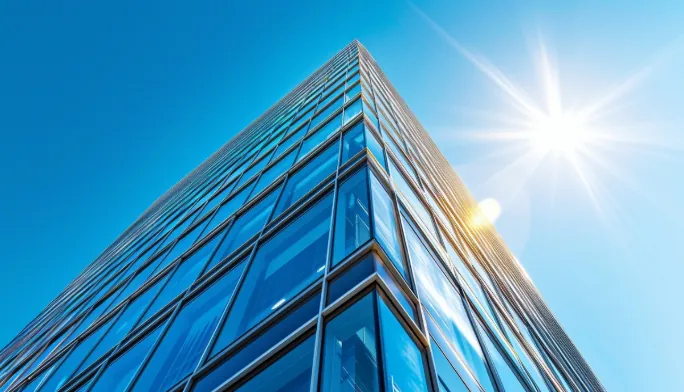 Looking up from below, a modern glass skyscraper stands against the backdrop of a clear blue sky
