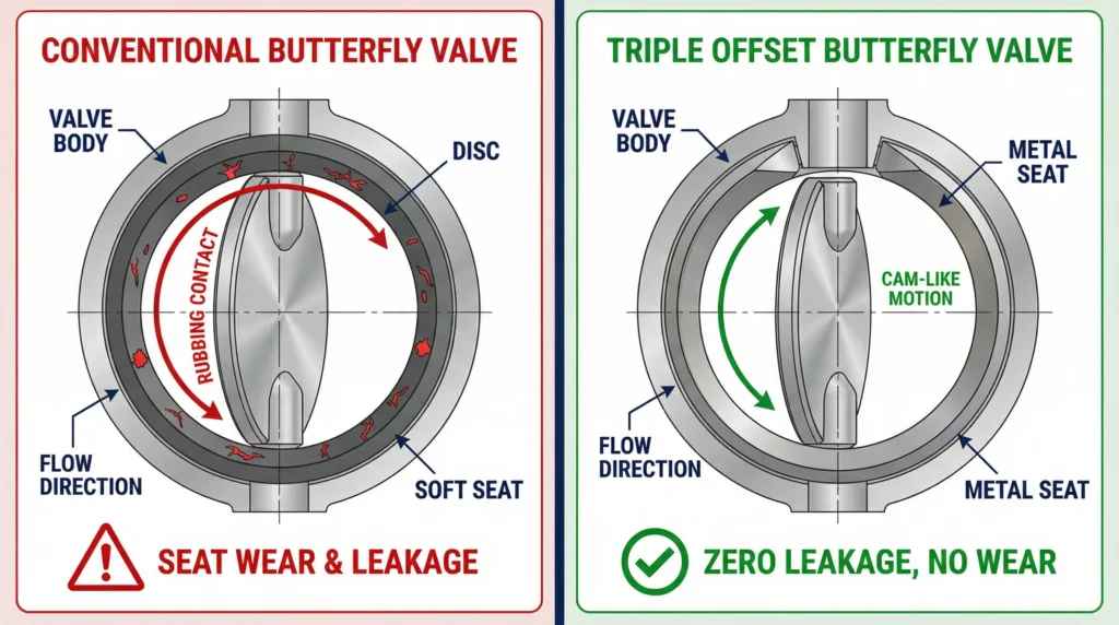 Conventional vs Triple Offset Butterfly Valve Seat Wear Comparison — side-by-side diagram showing rubbing contact and wear on a conventional valve versus clean cam-like closure on a triple offset valve