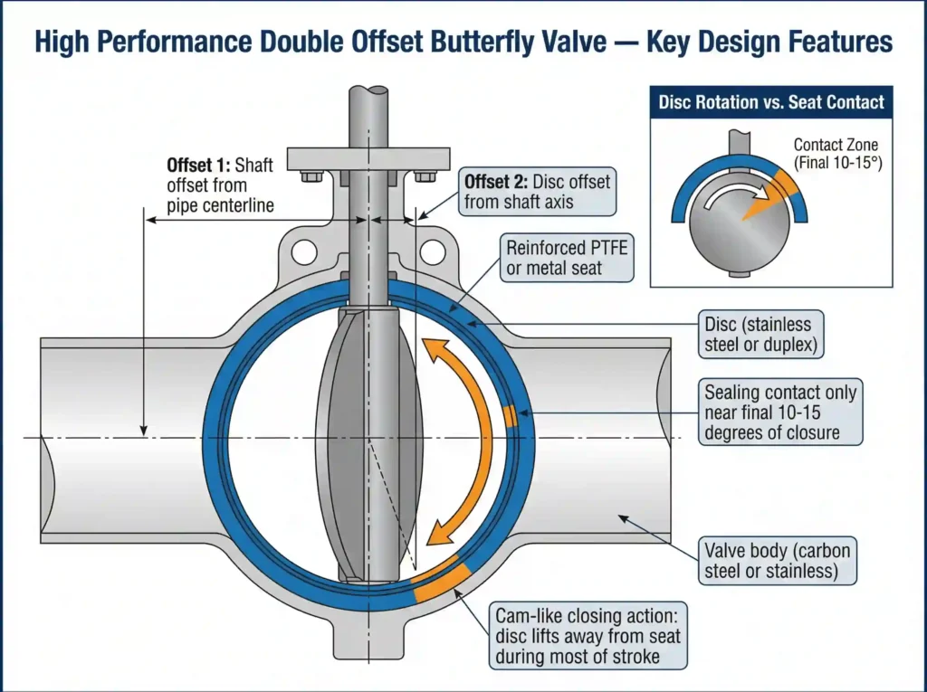 Anatomische Darstellung einer doppelt exzentrischen Absperrklappe (wesentliche Konstruktionsmerkmale markiert)