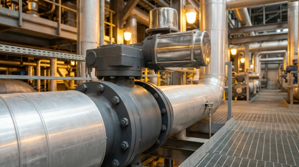 Triple Offset Butterfly Valve High Pressure Steam Pipeline Power Plant Installation Triple Offset Butterfly Valve High Pressure Steam Pipeline Power Plant Installation — photorealistic image of a heavy-duty TOV installed on an insulated high-pressure steam header in a power generation facility