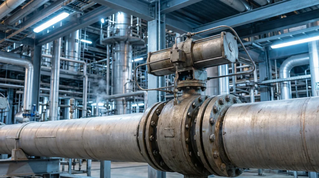 Triple Offset Butterfly Valve Industrial Application Oil Gas Pipeline Triple Offset Butterfly Valve Industrial Application Oil Gas Pipeline — photorealistic image of a large triple offset butterfly valve with pneumatic actuator installed on a high-pressure industrial pipeline in an oil and gas plant