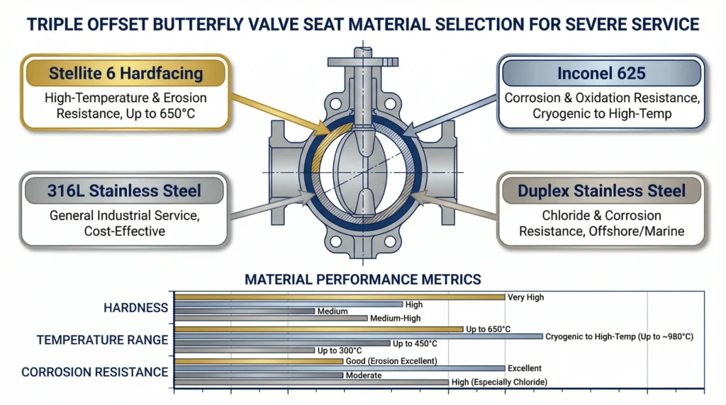 Triple Offset Butterfly Valve Metal Seat Material Selection Guide — infographic showing Stellite 6, Inconel 625, 316L stainless steel, and duplex stainless steel options with performance comparison chart