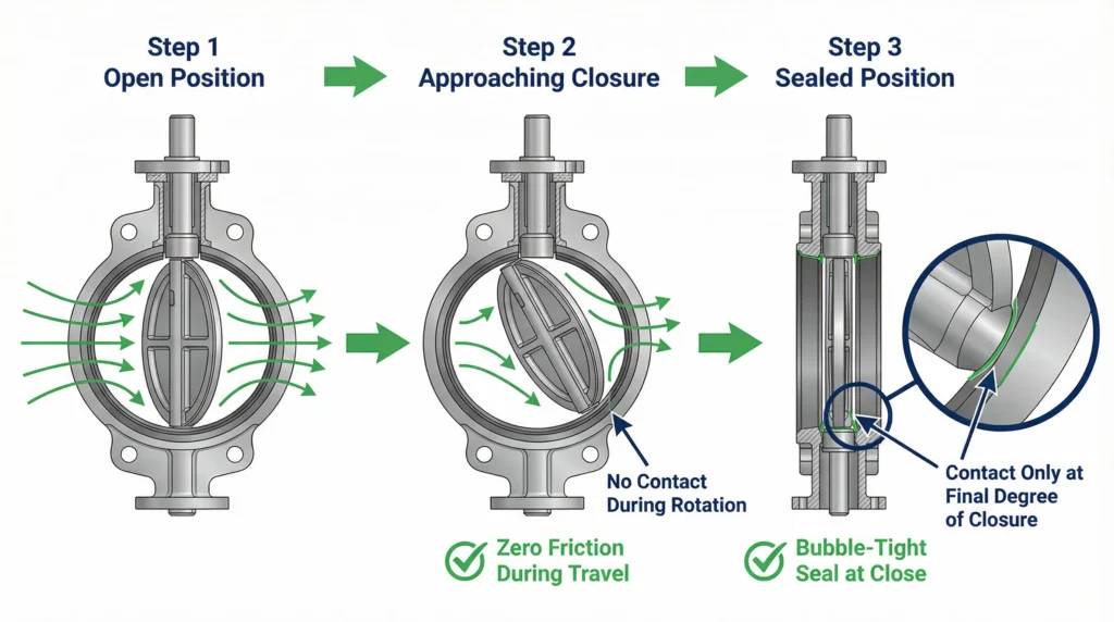 Triple Offset Butterfly Valve Non-Rubbing Sealing Closure Sequence Triple Offset Butterfly Valve Non-Rubbing Sealing Closure Sequence — three-step diagram showing open position, approaching closure with no contact, and sealed position with metal-to-metal contact only at final degree
