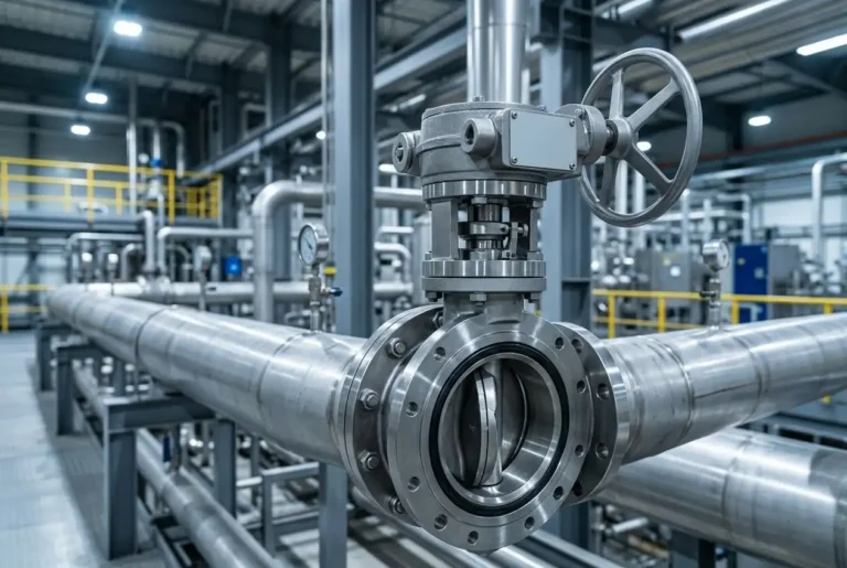 Triple offset butterfly valve on an industrial pipeline, highlighting the geometry and sealing design that reduce seat wear
