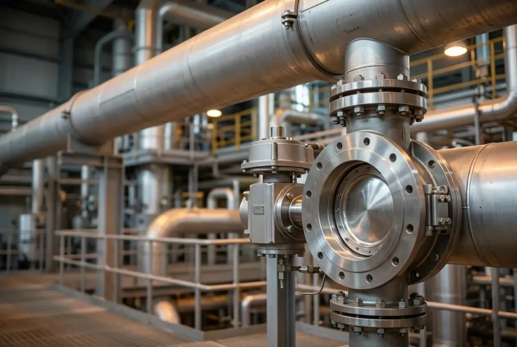 Triple offset butterfly valve installed on a steam service pipeline, showing robust body construction, actuator assembly, and seat design