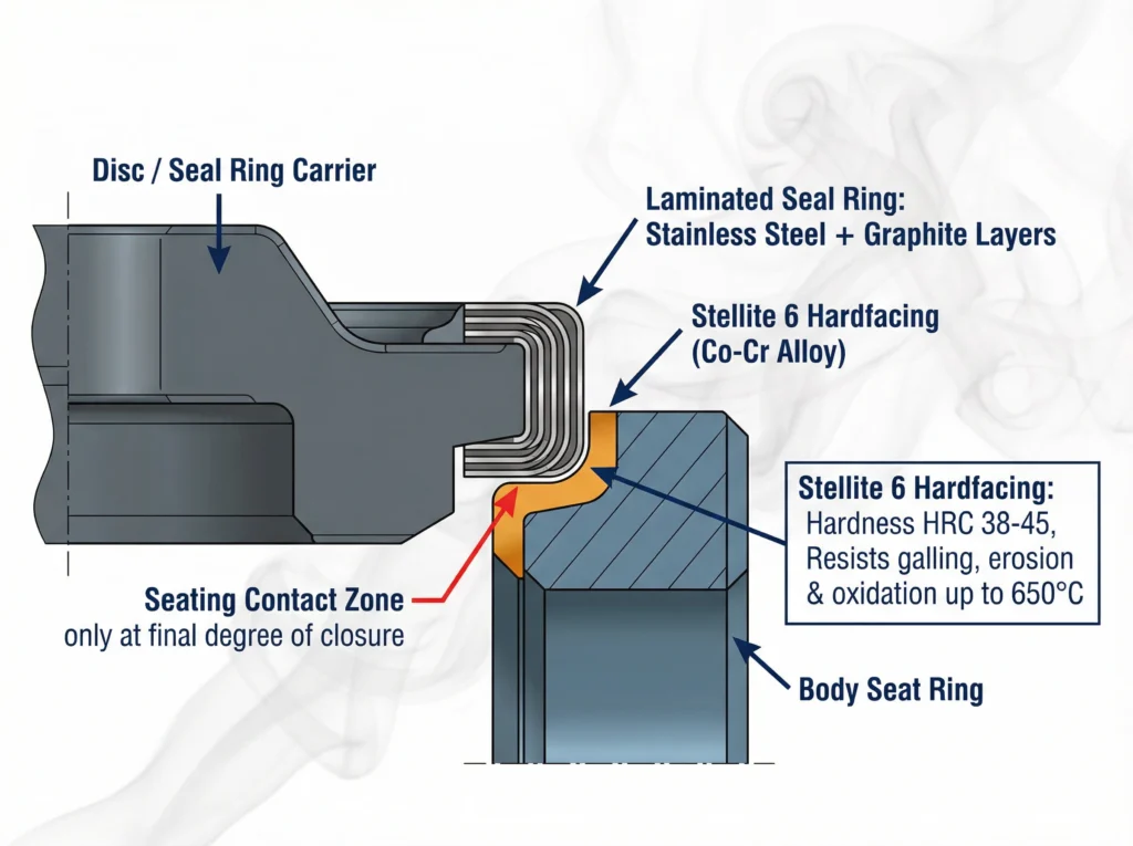 Triple Offset Butterfly Valve Stellite Hardfacing Laminated Seal Ring Seat Design Triple Offset Butterfly Valve Stellite Hardfacing Laminated Seal Ring Seat Design — cross-section diagram showing the Stellite 6 hardfaced body seat and the stainless steel/graphite laminated seal ring on the disc