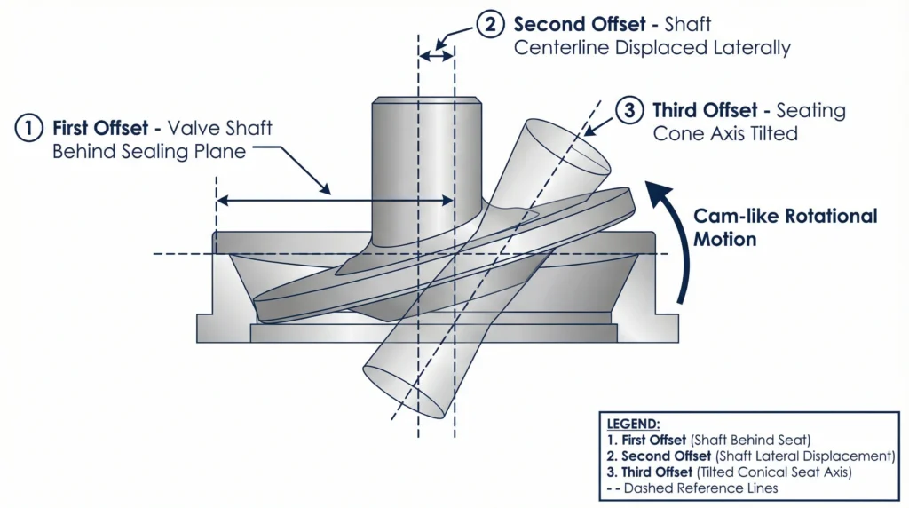 Triple Offset Butterfly Valve Three Offset Geometry Diagram Triple Offset Butterfly Valve Three Offset Geometry Diagram — annotated technical diagram showing all three offsets: shaft behind sealing plane, lateral shaft displacement, and tilted conical seat axis