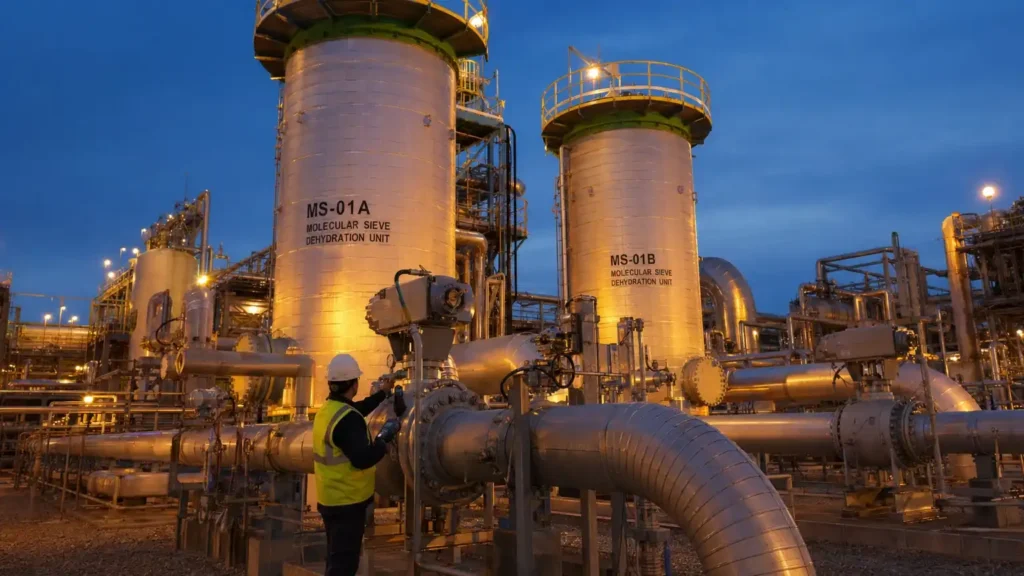 A large-scale molecular sieve dehydration unit featuring dual adsorber towers (MS-01A and MS-01B) with automated switching valves, at a natural gas processing facility.