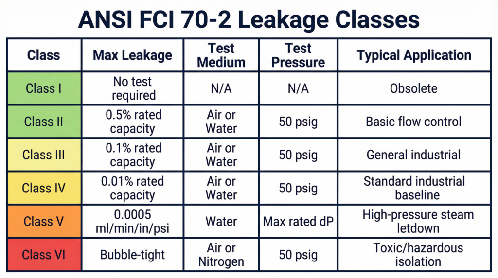 What Are ANSI/FCI 70-2 Seat Leakage Classes?The American National Standards Institute (ANSI) and the Fluid Controls Institute (FCI) developed the 70-2 standard to establish uniform testing procedures and maximum allowable leakage rates for control valves.