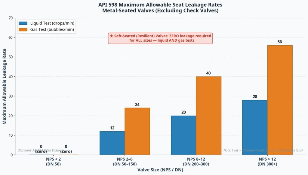API 598 Allowable Seat Leakage Rates by Valve Size