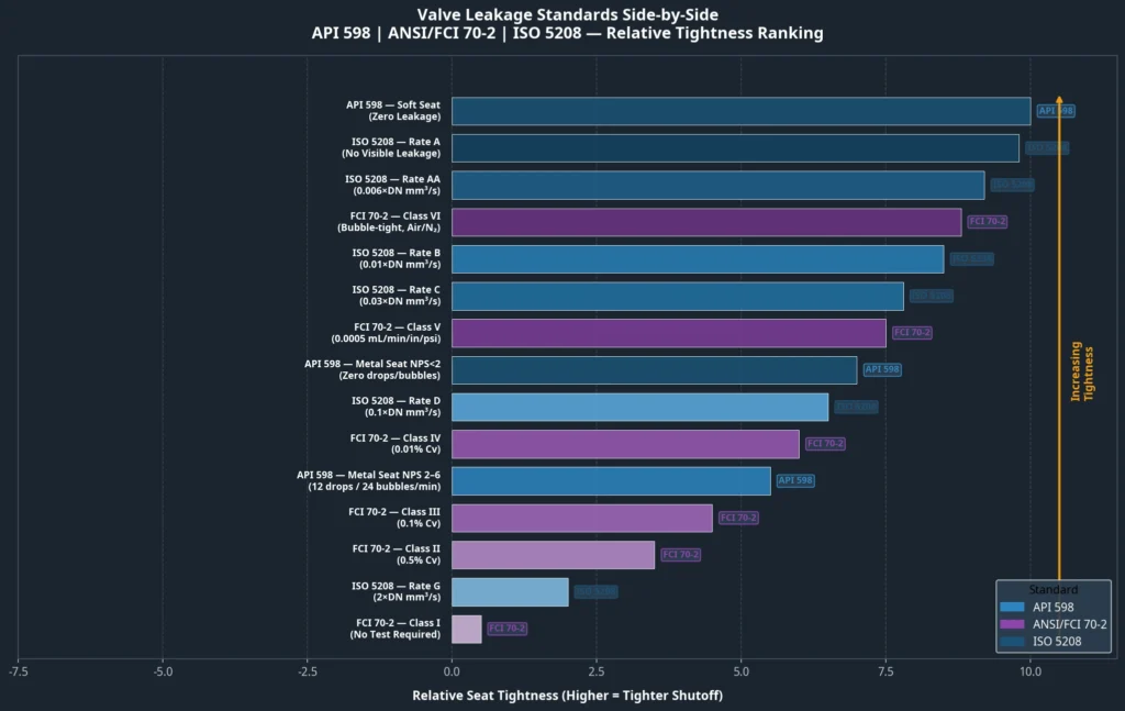 Valve Leakage Standards API 598 FCI 70-2 ISO 5208 Tightness Comparison
