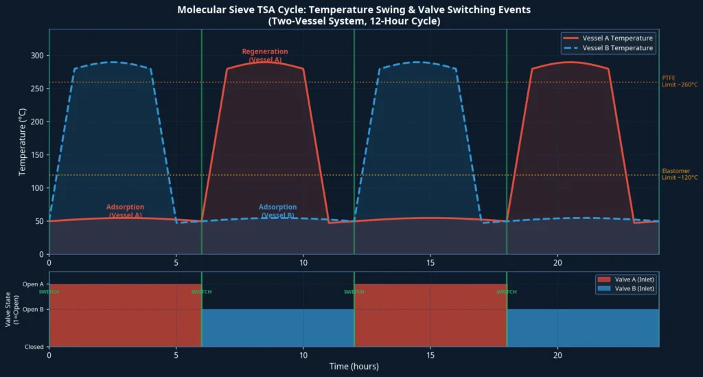 Molecular Sieve TSA Cycle Temperature and Valve Switching