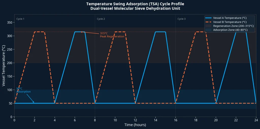 tsa cycle temperature profile molecular sieve dehydration