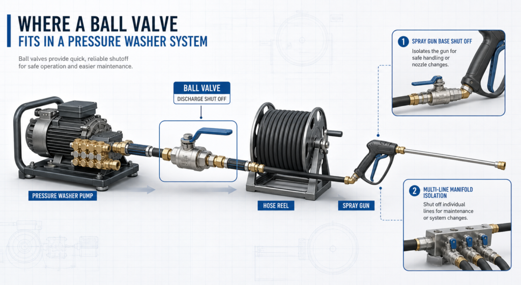 Where the discharge shutoff, spray-gun shutoff, and manifold isolation points fit in a pressure washer setup.