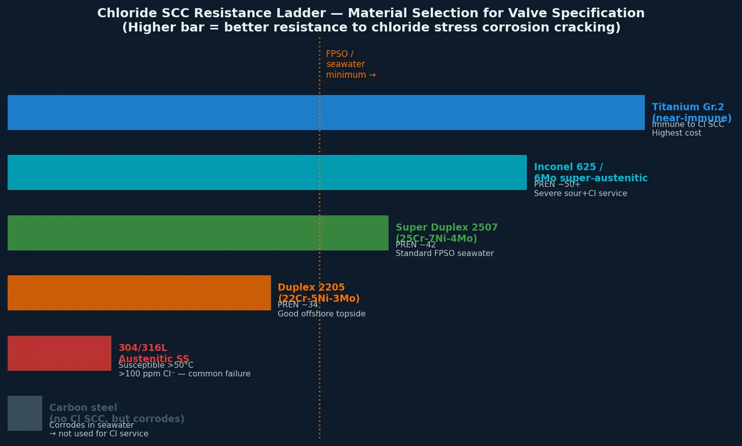 Chloride SCC resistance material ladder — from 304/316 through duplex, super duplex, to nickel alloys and titanium