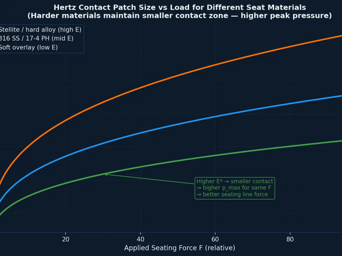 Hertzian contact patch size vs applied seating force for different seat materials — harder materials maintain smaller, higher-pressure contact zones