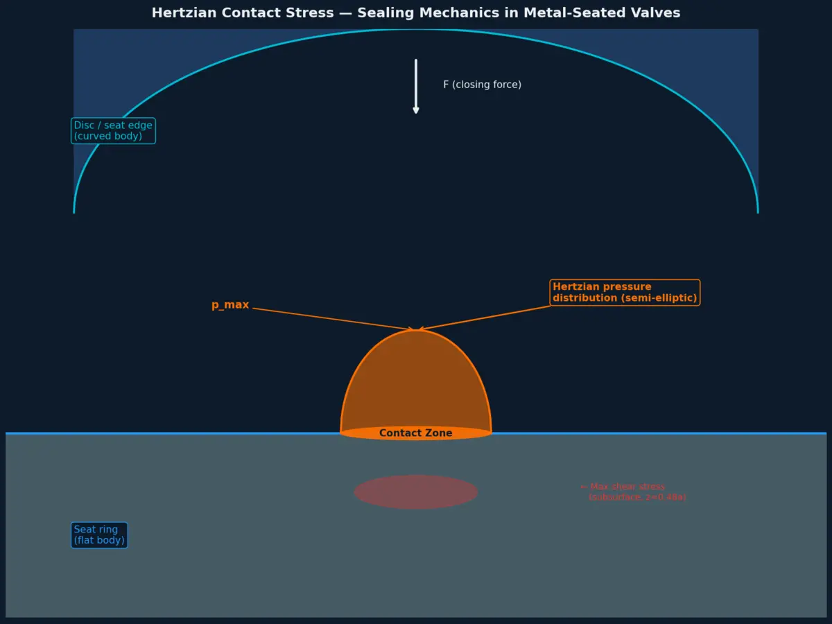 Hertzian contact stress diagram — semi-elliptic pressure distribution at the metal disc-to-seat contact zone in a butterfly valve