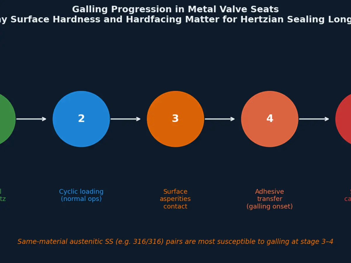 Galling progression in metal valve seats — from normal Hertzian contact through adhesive transfer to seizure
