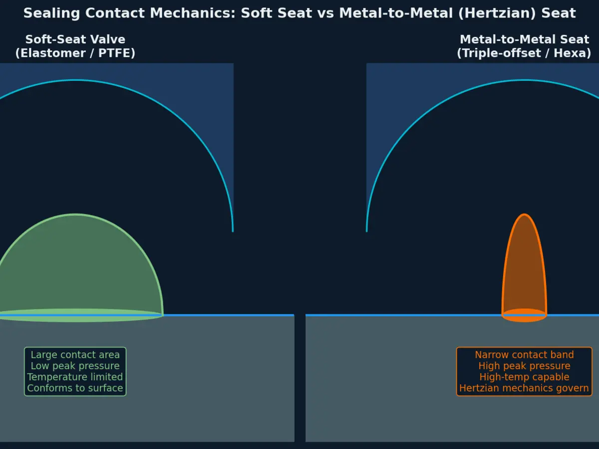 Soft-seat vs metal-to-metal seat contact mechanics comparison — large low-pressure contact area vs narrow high-pressure Hertzian sealing band