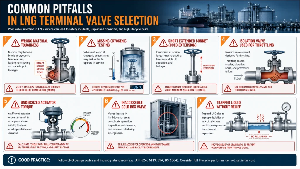 Common pitfalls in LNG terminal valve selection, including wrong material toughness, missing cryogenic test, short bonnet, throttling misuse, actuator under-sizing, inaccessible cold box valve, and trapped liquid without relief.