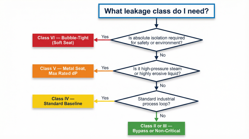Selecting the correct leakage class requires a practical decision tree that balances operational needs, safety requirements, and cost. Over-specifying a Class VI soft-seated valve for a high-temperature steam application will result in immediate seat failure. Under-specifying a Class II valve for a toxic chemical line will result in a hazardous leak.