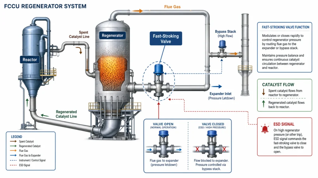 FCCU regenerator system map showing where fast-stroking valves protect pressure balance and catalyst circulation.