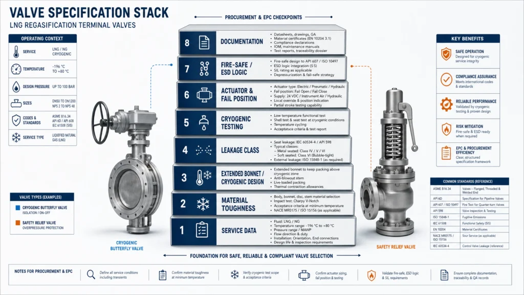 Valve specification stack for LNG regasification terminal valves covering service data, materials, cryogenic testing, ESD logic, and documentation.