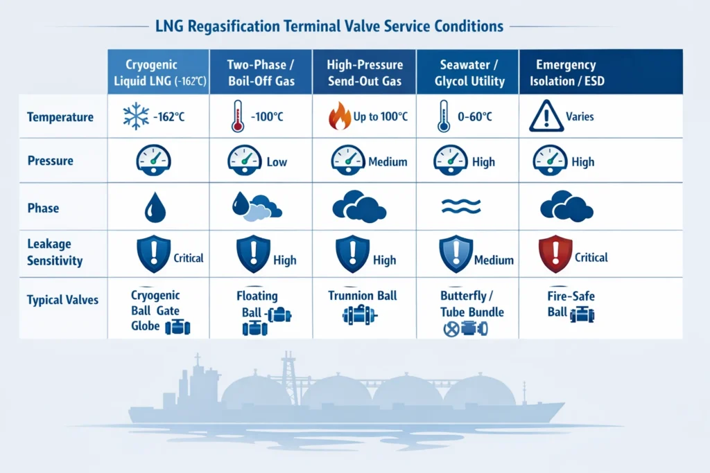 LNG regasification terminal valve service conditions matrix for cryogenic liquid, BOG, send-out gas, utilities, and ESD.