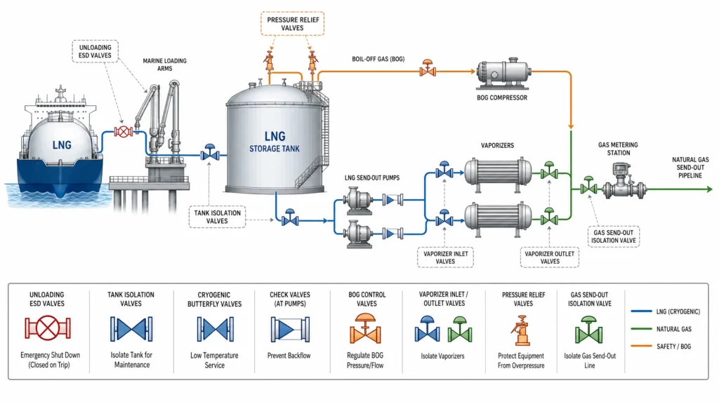 LNG regasification terminal valve map showing unloading, storage, BOG, pumps, vaporizers, metering, and send-out valves.