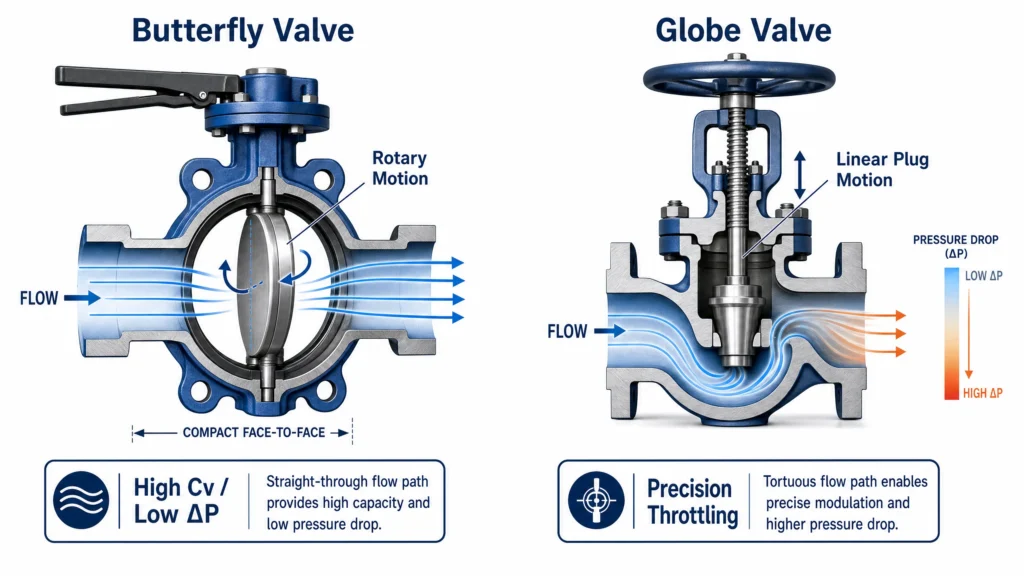 Side-by-side cutaway comparing butterfly valve and globe valve flow paths, pressure drop, Cv, and actuator motion.