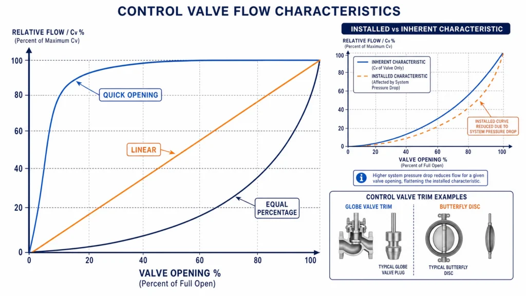 Control valve flow characteristic curves showing quick opening, linear, equal percentage, and inherent vs installed behavior.