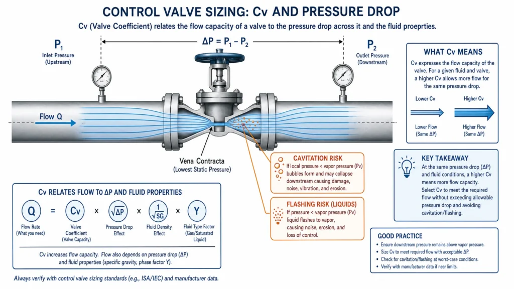Control valve sizing diagram explaining Cv, flow Q, pressure drop ΔP, and cavitation/flashing risk.
