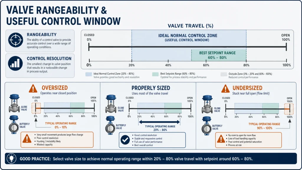 Rangeability and useful control window showing properly sized, oversized, and undersized control valve behavior.