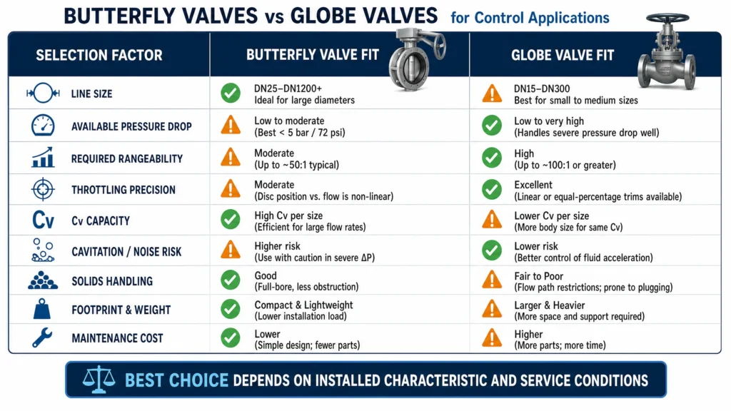 Decision matrix comparing butterfly valves and globe valves for control applications by line size, pressure drop, rangeability, precision, Cv, cavitation risk, solids handling, footprint, and maintenance.
