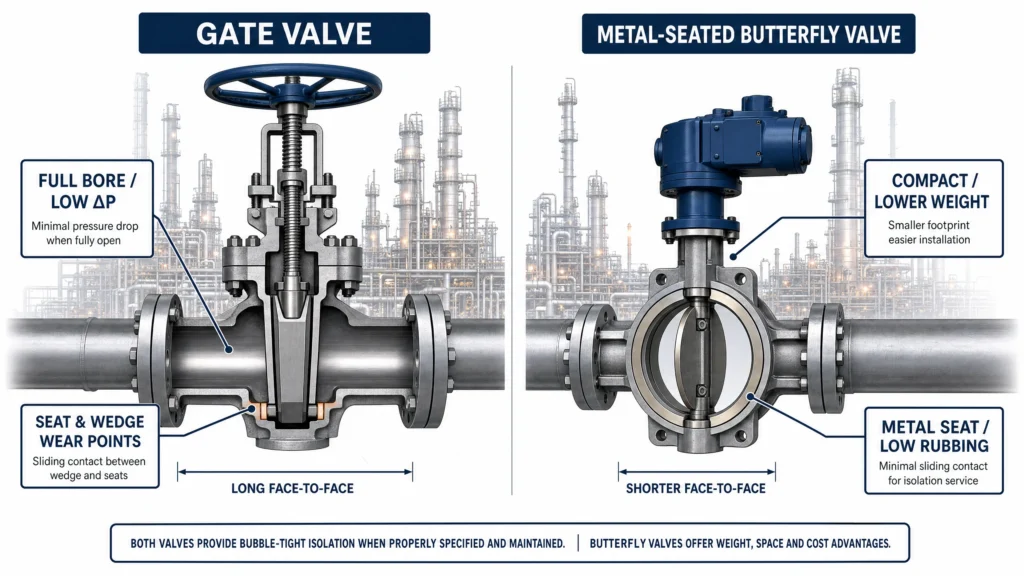 Side-by-side cutaway comparing a gate valve and metal-seated butterfly valve for refinery isolation service.