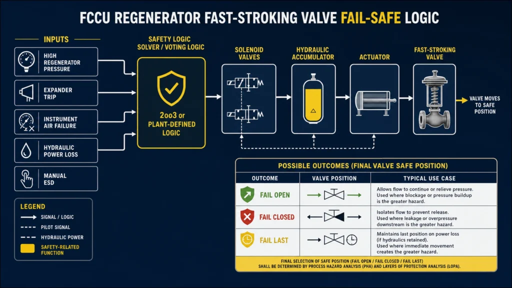 Fail-safe logic diagram showing ESD inputs, voting logic, solenoids, accumulator, actuator, and final safe-position outcomes.