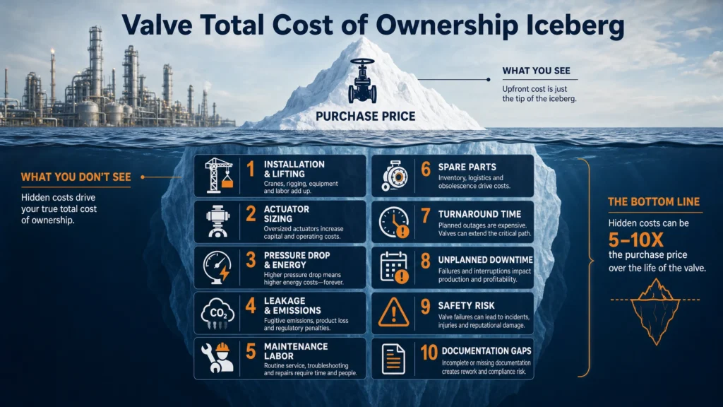 Valve total cost of ownership iceberg showing hidden costs below the purchase price.