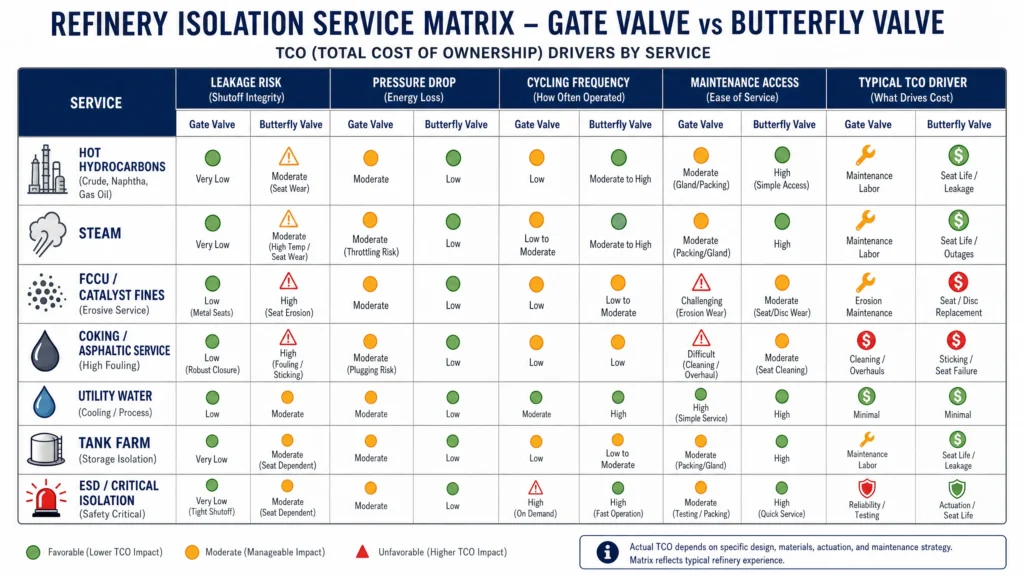 Refinery isolation service matrix comparing gate valve and butterfly valve TCO drivers by service.