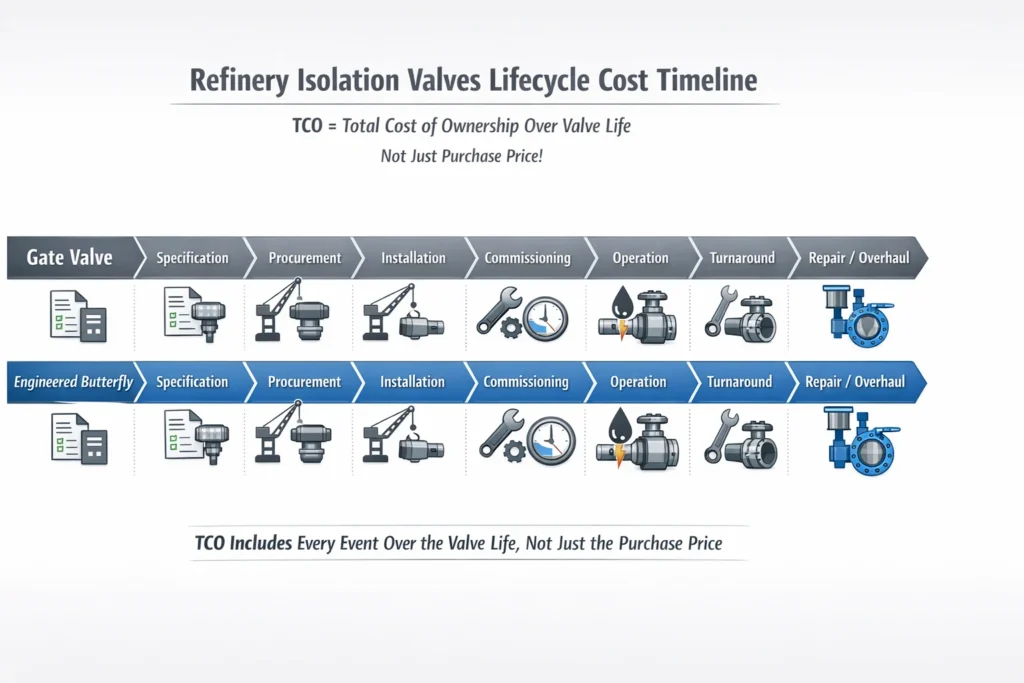 Lifecycle cost timeline comparing gate valve and engineered butterfly valve cost events from specification to repair.