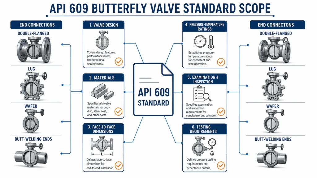 API 609 standard scope map showing design, materials, face-to-face dimensions, pressure-temperature ratings, examination, inspection, and testing requirements.
