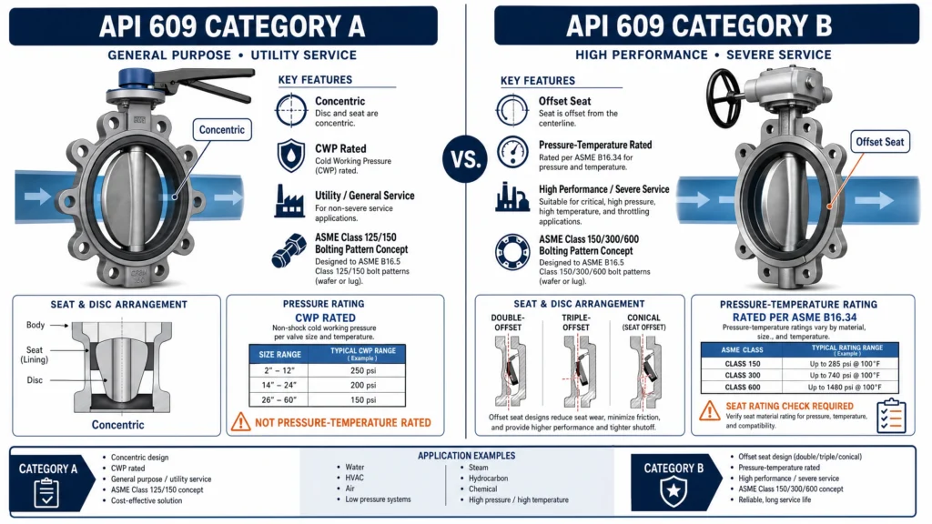 API 609 Category A vs Category B comparison showing concentric CWP-rated utility valves and offset pressure-temperature-rated high-performance valves.