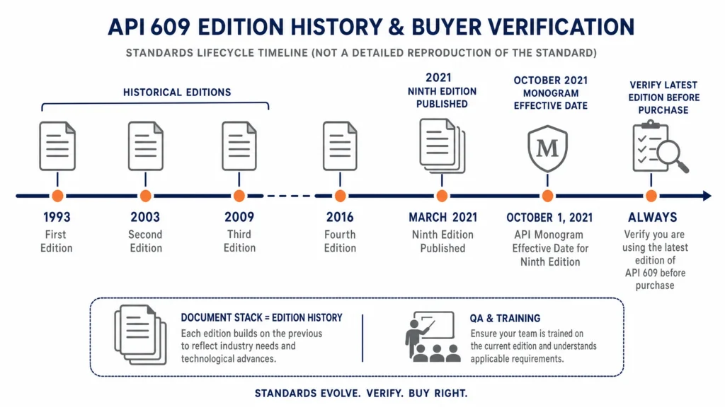 API 609 edition history and buyer verification timeline showing 2021 Ninth Edition and October 2021 Monogram effective date.