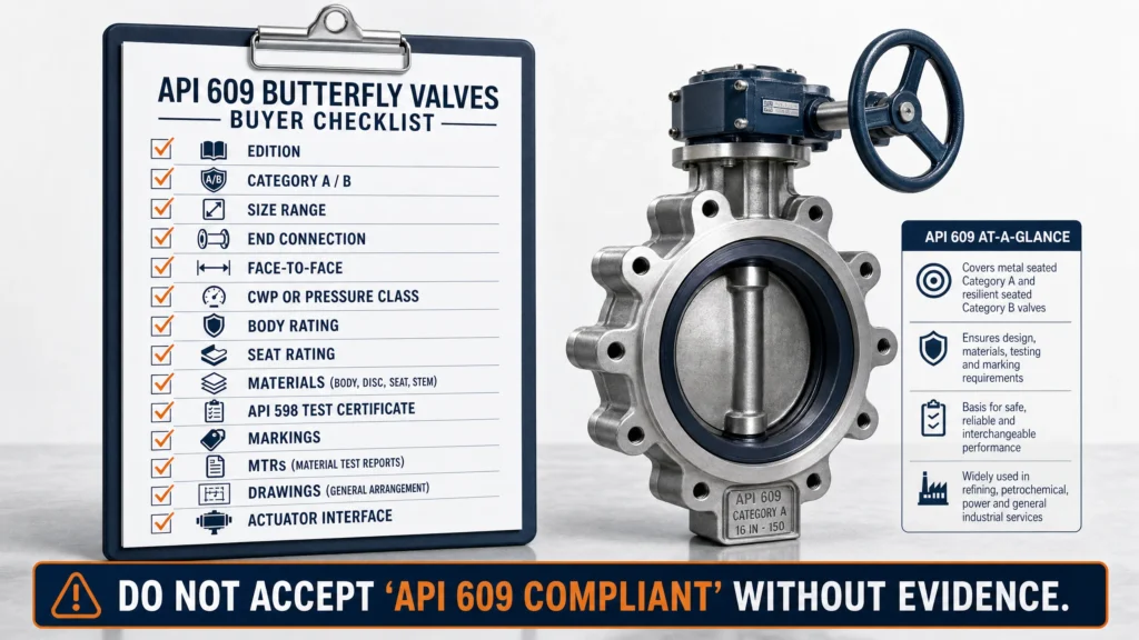 API 609 buyer checklist showing edition, category, end connection, face-to-face, CWP or pressure class, seat rating, materials, testing, markings, and documentation.