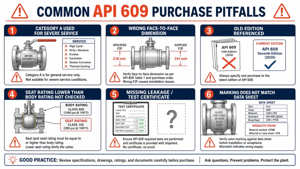 Common API 609 purchase pitfalls including wrong category, wrong face-to-face, old edition, unchecked seat rating, missing test certificate, and marking mismatch.