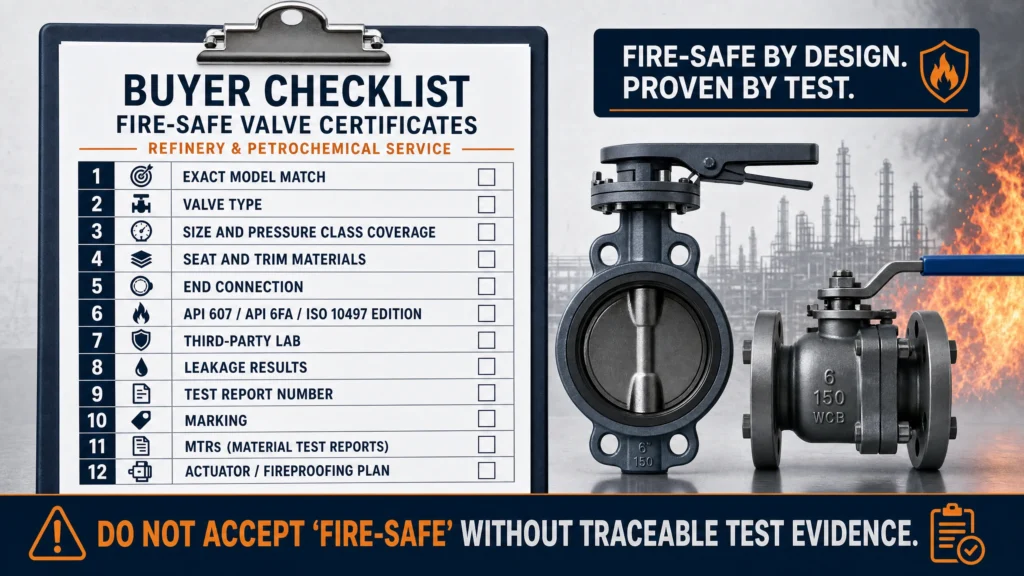Buyer checklist for fire-safe valve certificates in refinery and petrochemical service.