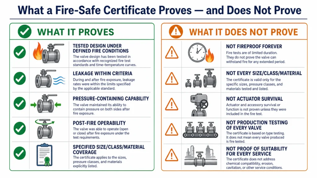 What a fire-safe certificate proves and does not prove, including tested design, leakage criteria, pressure-containing capability, coverage limits, actuator survival, and production testing limits.