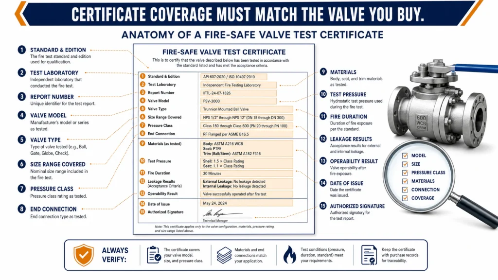 What a fire-safe certificate proves and does not prove, including tested design, leakage criteria, pressure-containing capability, coverage limits, actuator survival, and production testing limits.